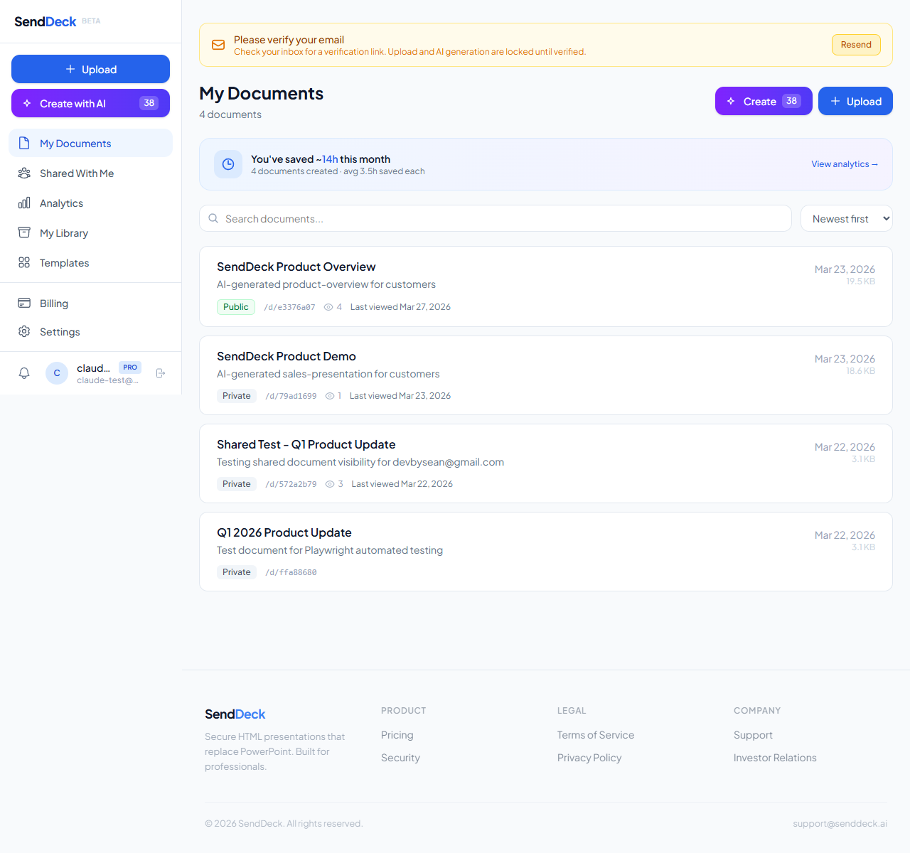 SendDeck dashboard managing multiple presentations