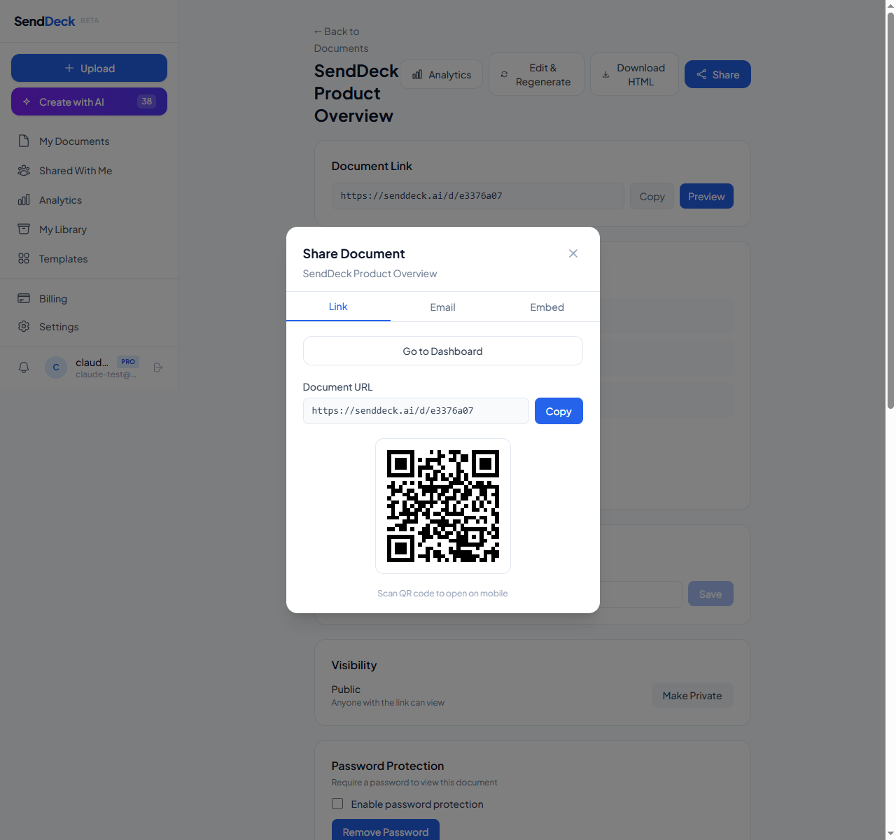 SendDeck share modal with branded link